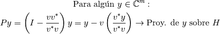 \text{ Para algún }  y \in \mathbb{C}^{m}:

Py =  \left ( I - \frac{vv^*}{v^*v} \right ) y  = y - v \left ( \frac{v^* y}{v^*v} \right ) \rightarrow \text{Proy. de } y \text{ sobre } H