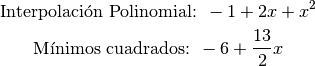 \text{Interpolación Polinomial: }  -1 +2x + x^2

\text{Mínimos cuadrados: } -6  + \frac{13}{2}x