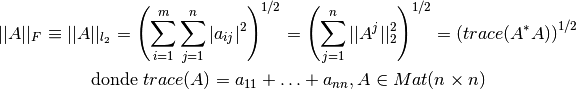 ||A||_F \equiv ||A||_{l_2} = \left( \sum_{i=1}^m \sum_{j=1}^{n}|a_{ij}|^2 \right)^{1/2} = \left(\sum_{j=1}^n ||A^j||_2^2 \right)^{1/2} = \left(trace(A^* A) \right)^{1/2}

\text{donde } trace(A) = a_{11} + \ldots + a_{nn}, A \in Mat(n\times n)