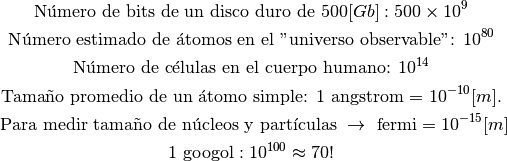 \text{Número de bits de un disco duro de } 500 [Gb]: 500 \times 10^{9}

\text{Número estimado de átomos en el "universo observable": } 10^{80}

\text{Número de células en el cuerpo humano: } 10^{14}

\text{Tamaño promedio de un átomo simple: 1 angstrom = } 10^{-10} [m].

\text{ Para medir tamaño de núcleos y partículas } \rightarrow \text{ fermi}= 10^{-15} [m]

\text{1 googol}: 10^{100} \approx 70!